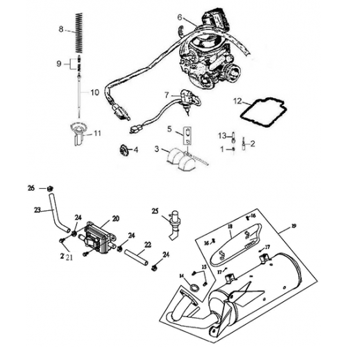 Exhaust Muffler, Carburetor (Thunder Bike 150)